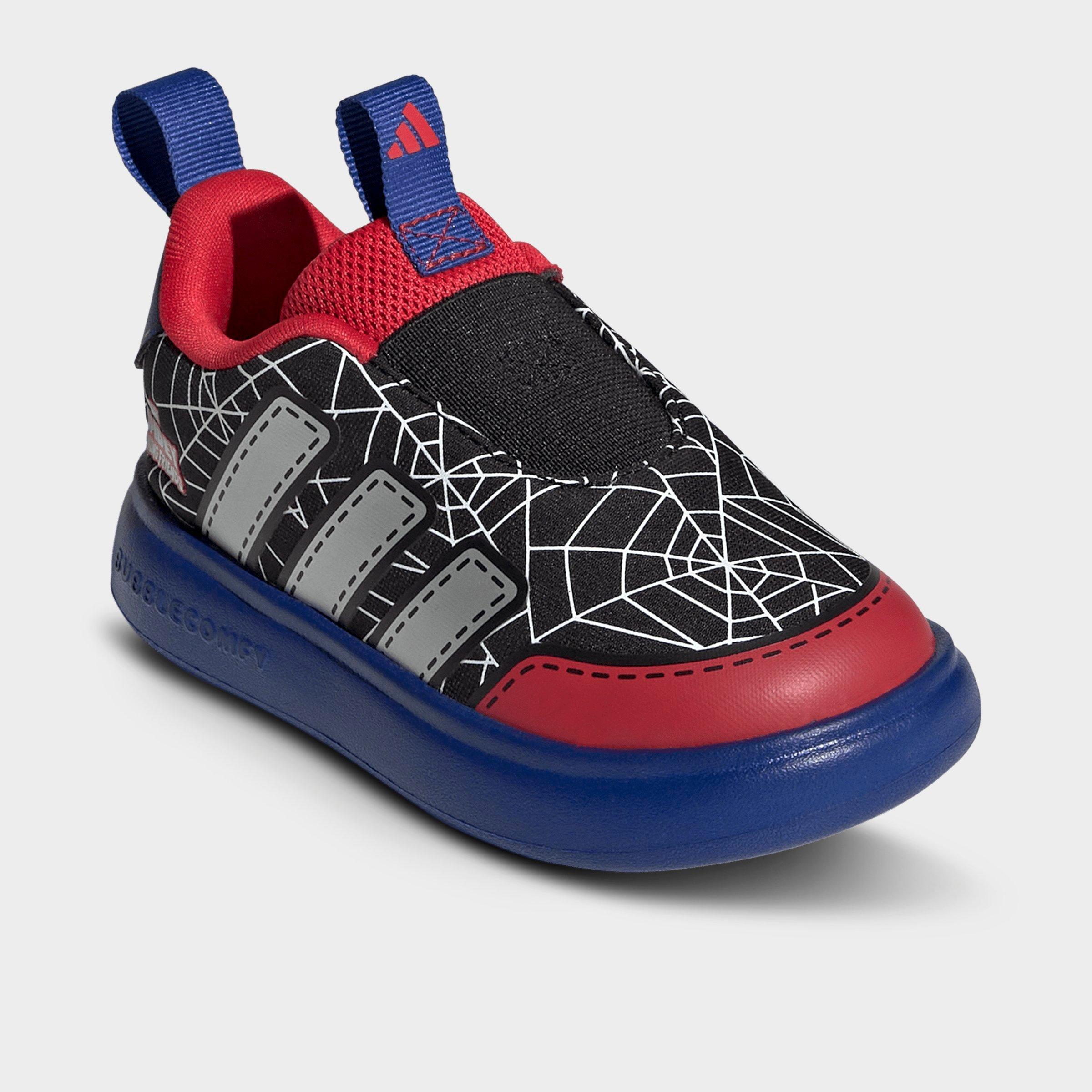 Kids' Toddler adidas x Marvel Spider-Man Bubblecomic Laceless Casual Shoes - Core Black/Silver Metallic/Team Royal Blue - Both shoes facing left