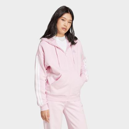 Women's adidas Essentials 3-Stripes Fleece Full-Zip Hoodie - Clear Pink/White