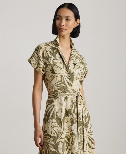 Lauren Ralph Lauren Women's Palm-Frond-Print Camp Collar Shirt-Dress - Olive Multi