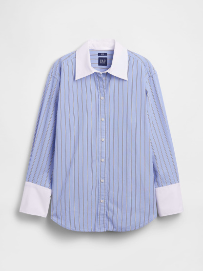 Organic Cotton Poplin Stripe Big Shirt - Light blue stripe