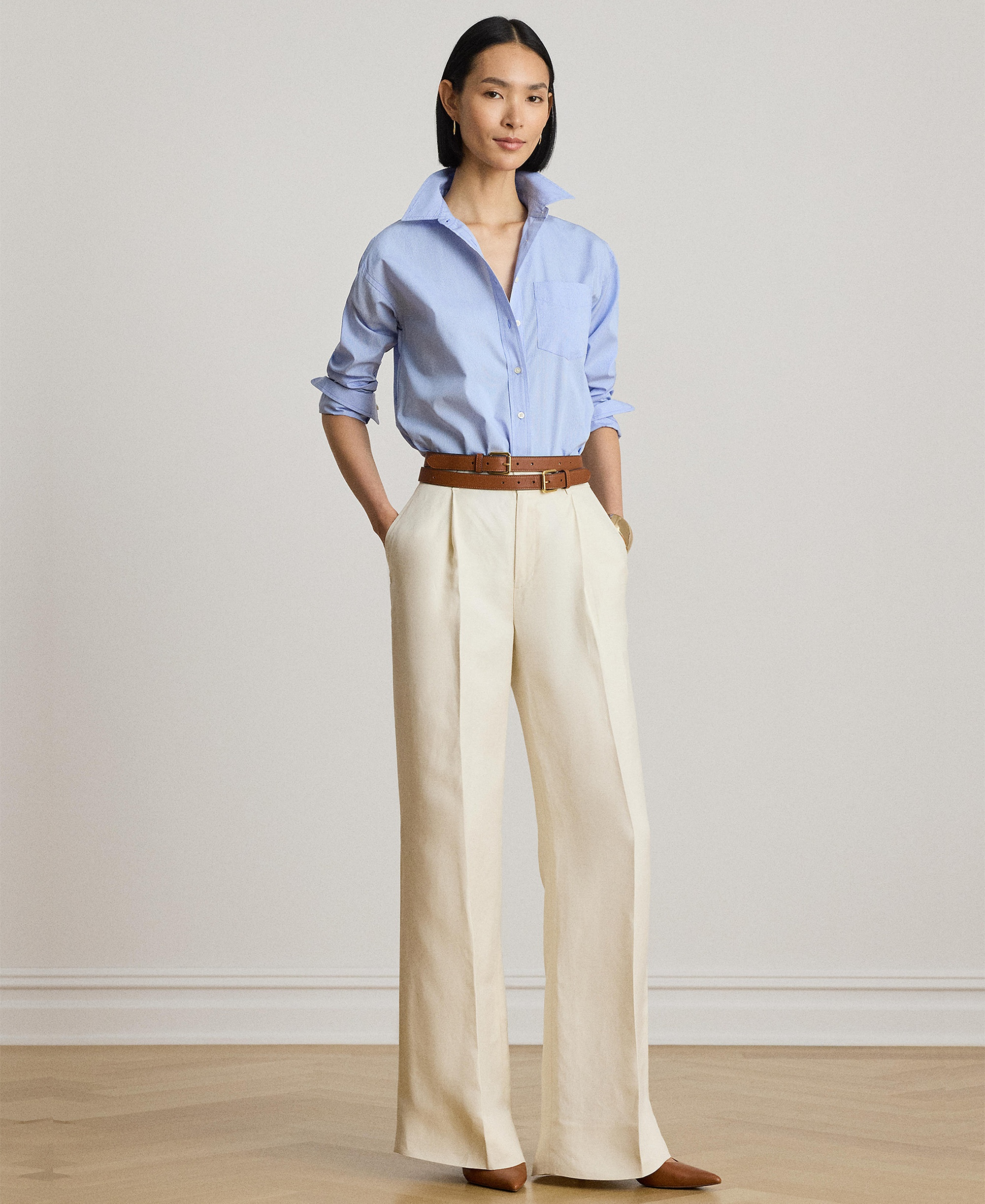 Lauren Ralph Lauren Women's Point Collar Striped Broadcloth Shirt - Blue/white