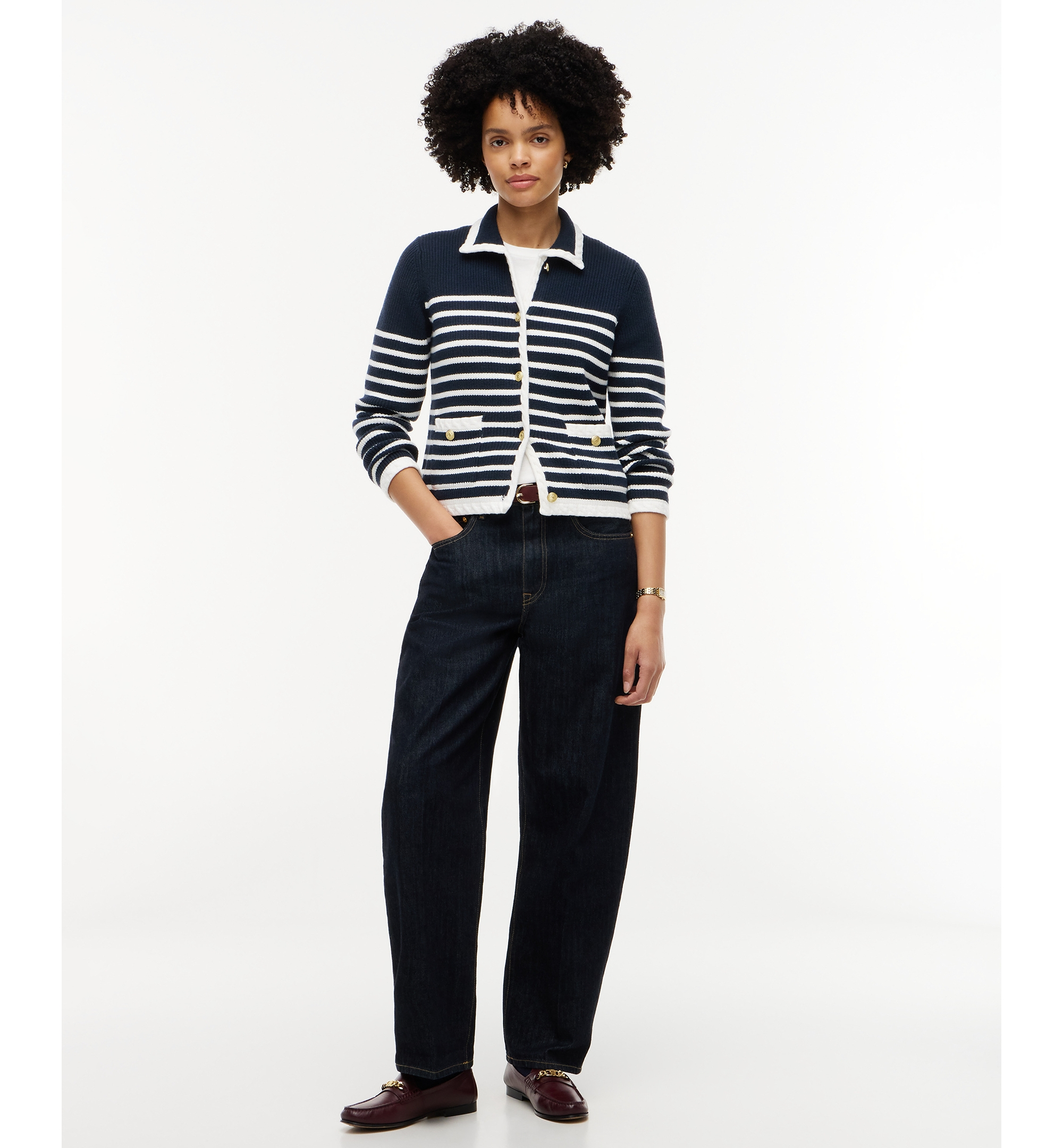 Tommy Hilfiger Women's Long-Sleeve Striped Knit Jacket - Placed Stp Dark Blue/ecru