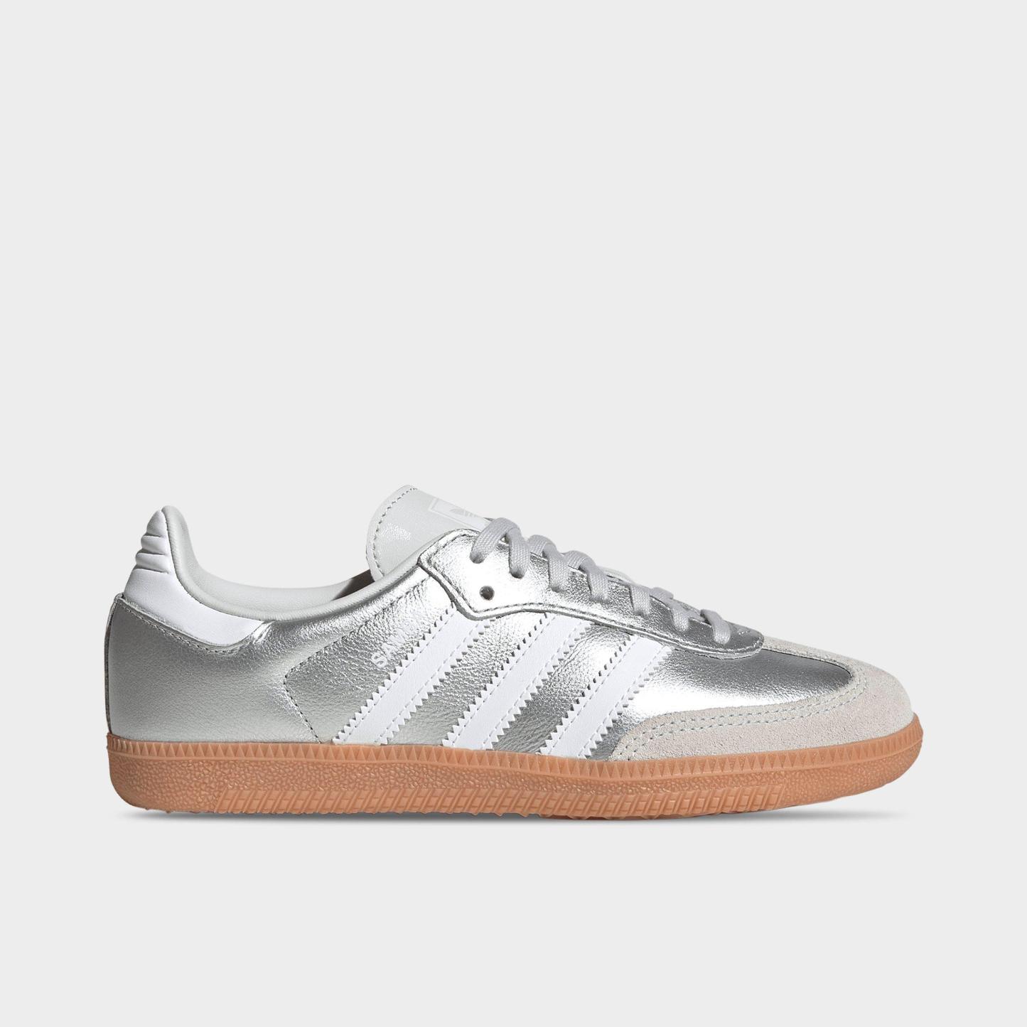 Big Kids' adidas Originals Samba OG Casual Shoes - Part 1 - Silver Metallic/White/Gum - Left shoe facing left. Outside of the shoe.