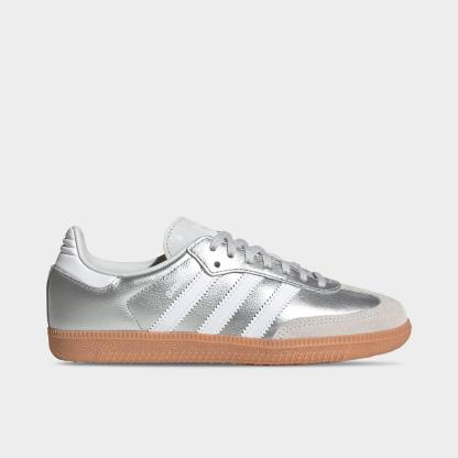 Big Kids' adidas Originals Samba OG Casual Shoes - Part 1 - Silver Metallic/White/Gum - Left shoe facing left. Outside of the shoe.