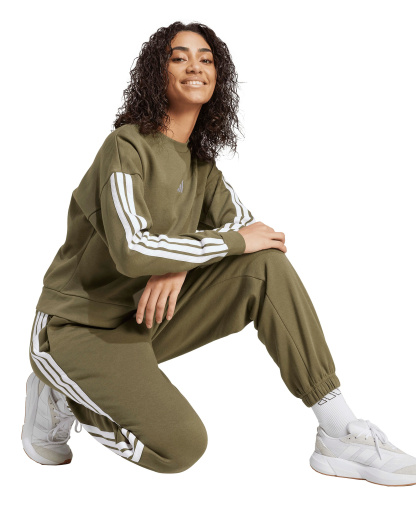 adidas Women's Essentials 3-Stripes Pull-On Fleece Loose Pants - Olive Strata/White