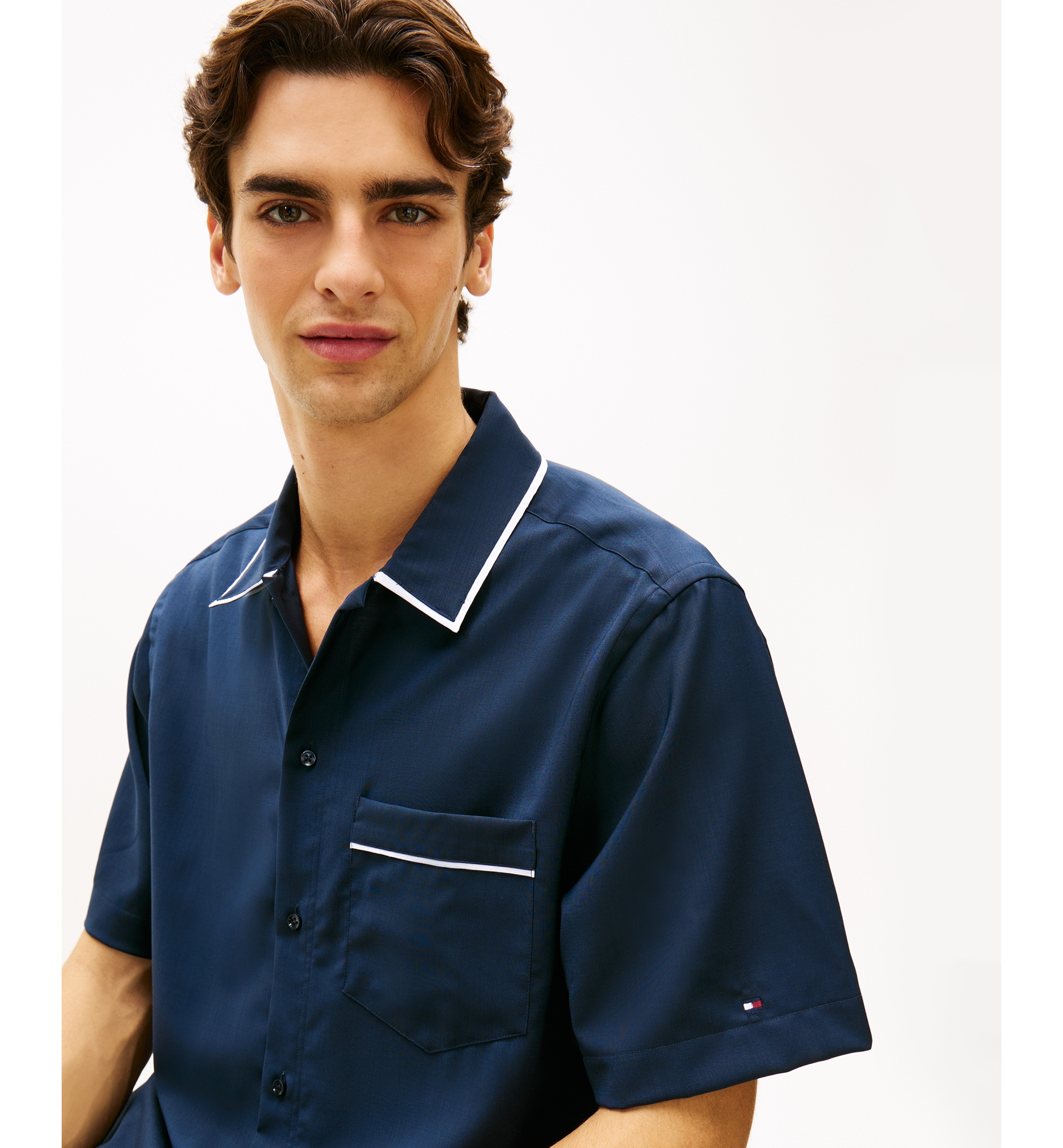 Tommy Hilfiger Men's Luxe Summer Wool Short-Sleeve Button-Front Shirt - Navy Iris