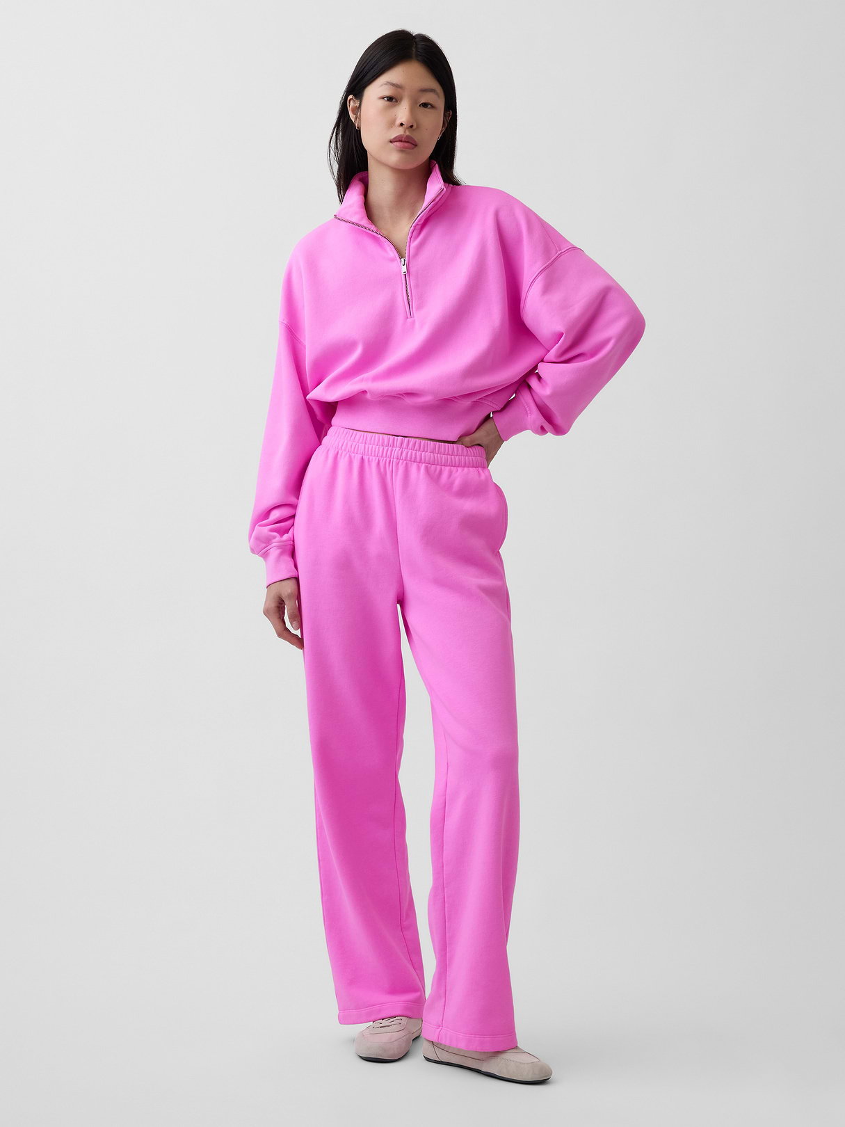 VintageSoft Oversized Half-Zip Wedge Pullover - Sugar plum neon pink