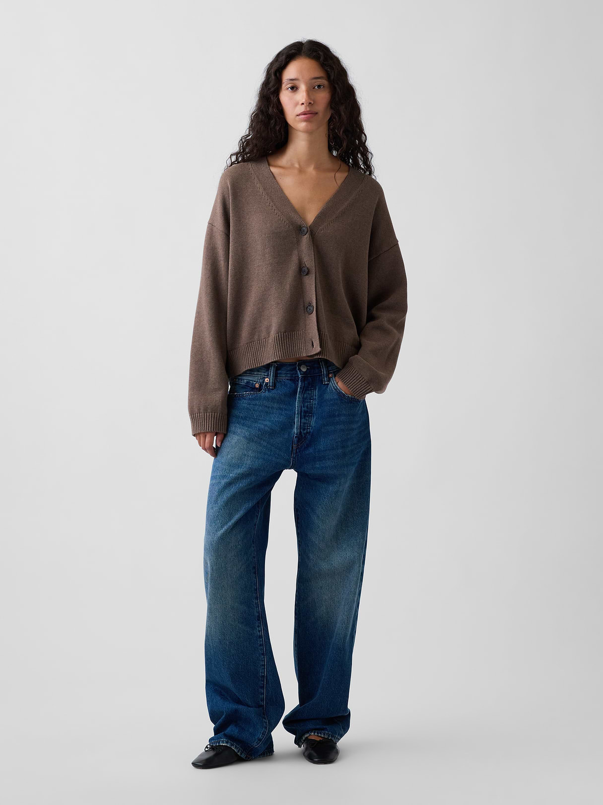 100% Cotton Oversized Cardigan Sweater - Cool brown
