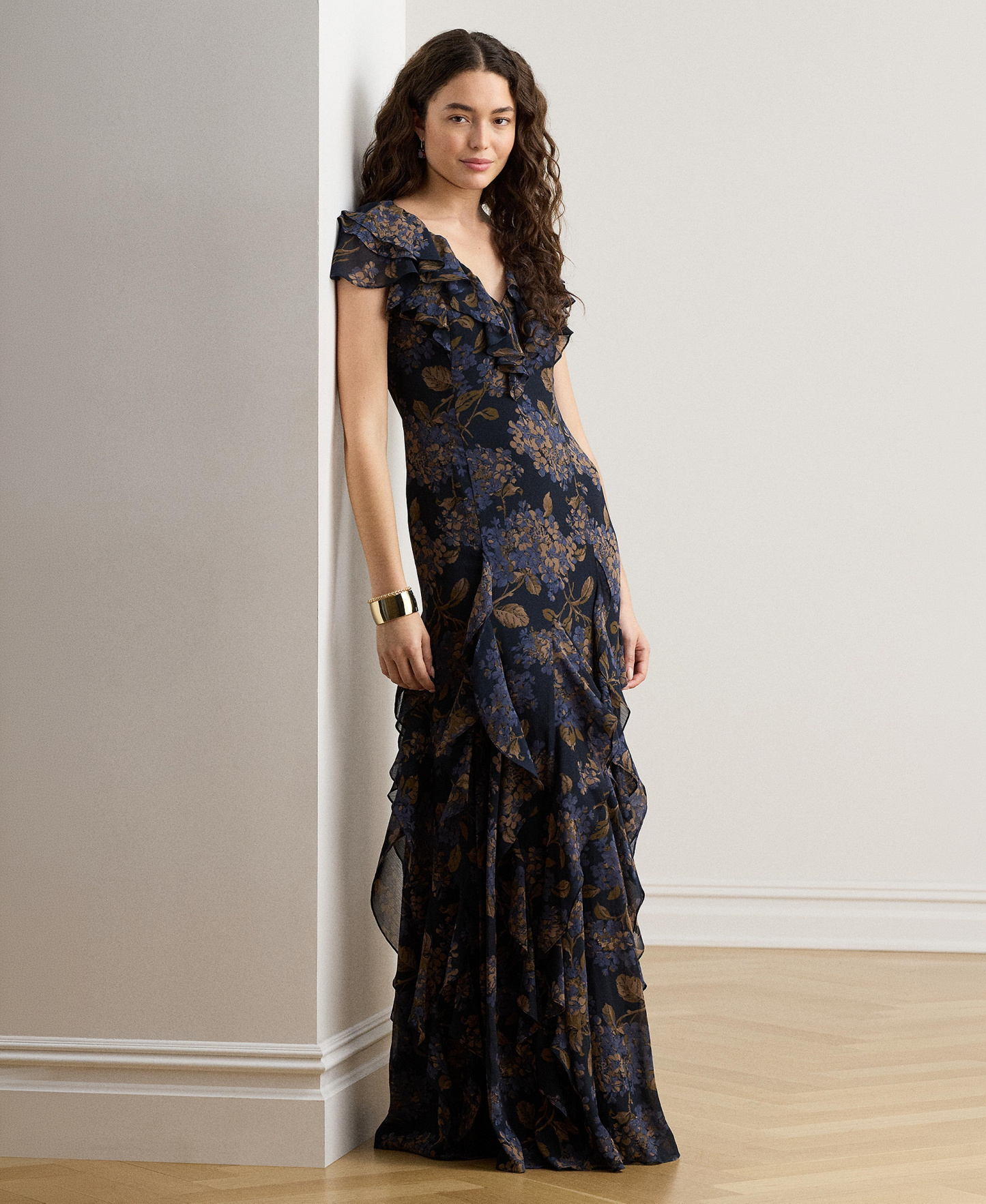 Lauren Ralph Lauren Women's Floral Ruffle-Trim Georgette Gown - Navy multi