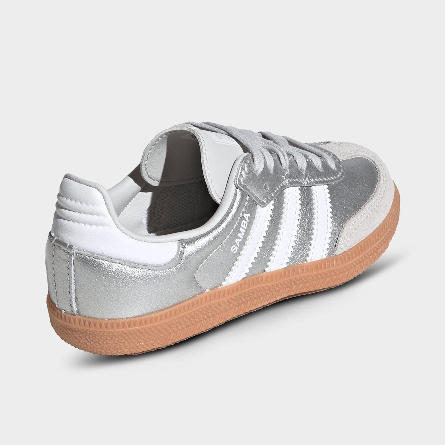 Little Kids' adidas Originals Samba OG Casual Shoes - Silver Metallic/Cloud White/Gum - Back view