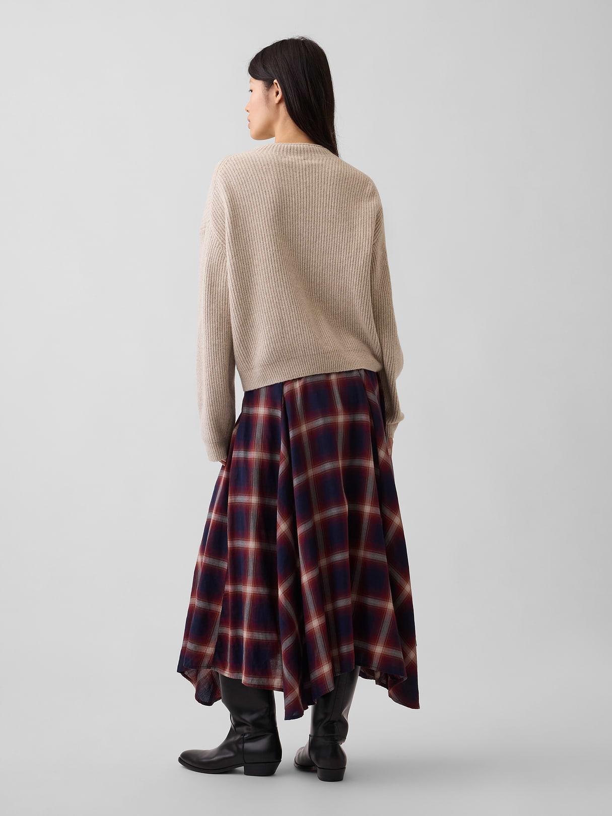 Plaid Maxi Handkerchief Skirt - Navy blue & red plaid