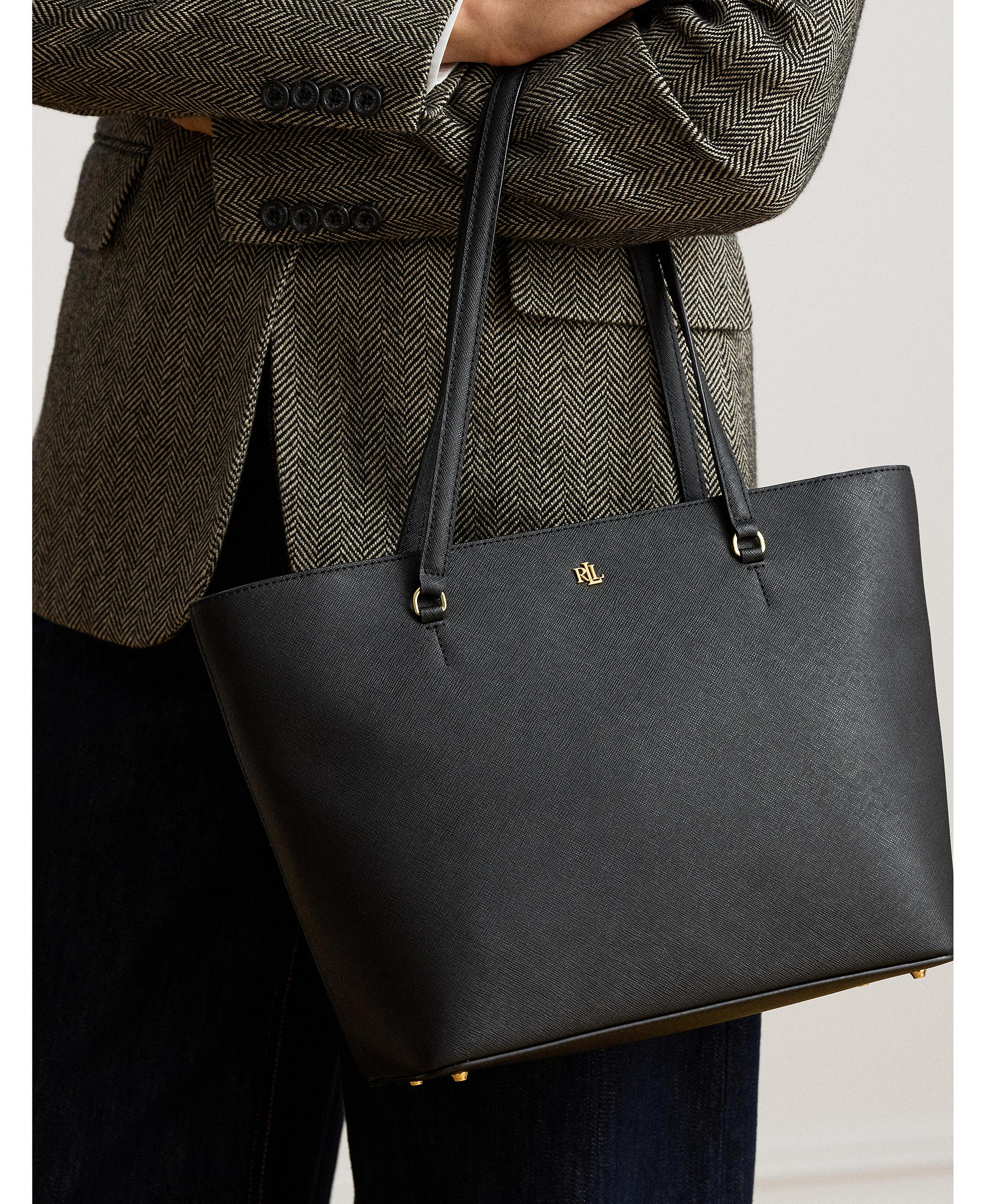 Lauren Ralph Lauren Crosshatch Leather Karly Medium Shopper Tote Handbag - Black