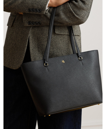 Lauren Ralph Lauren Crosshatch Leather Karly Medium Shopper Tote Handbag - Black