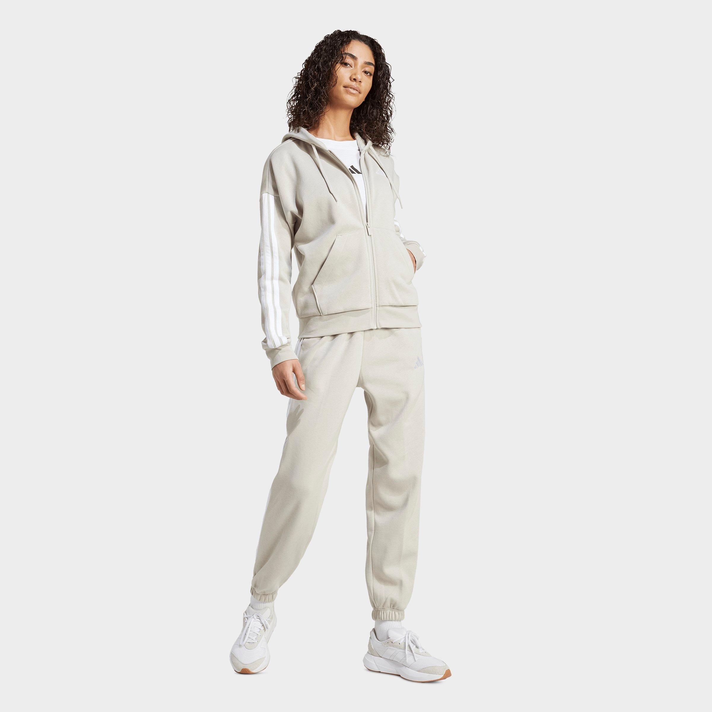 Women's adidas Essentials 3-Stripes Fleece Full-Zip Hoodie - Beige/White