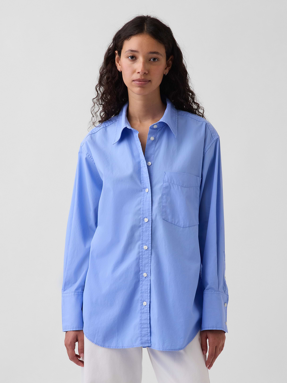Organic Cotton Poplin Stripe Big Shirt - Shirting blue