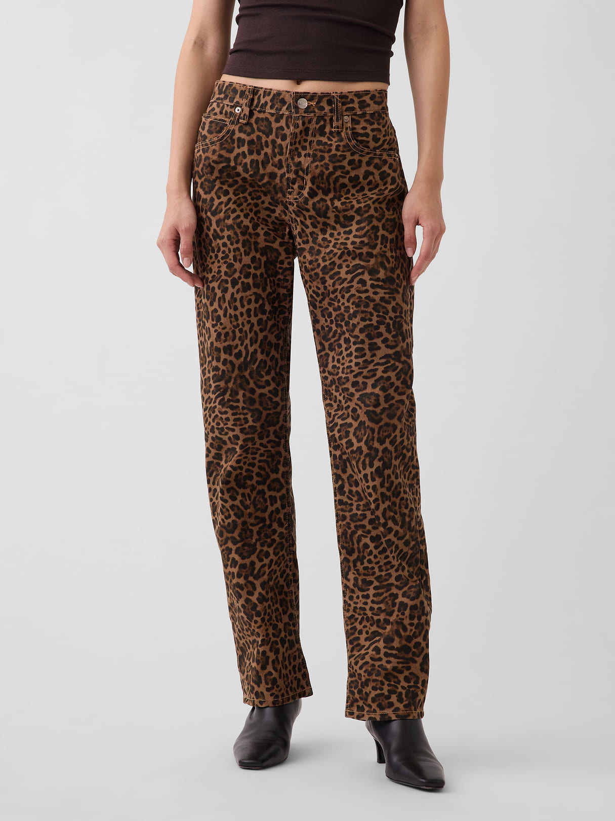 Mid Rise Straight Taper Jeans - Brown leopard print