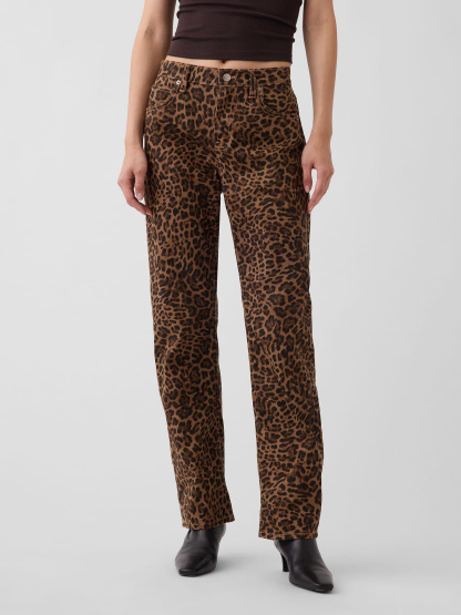 Mid Rise Straight Taper Jeans - Brown leopard print