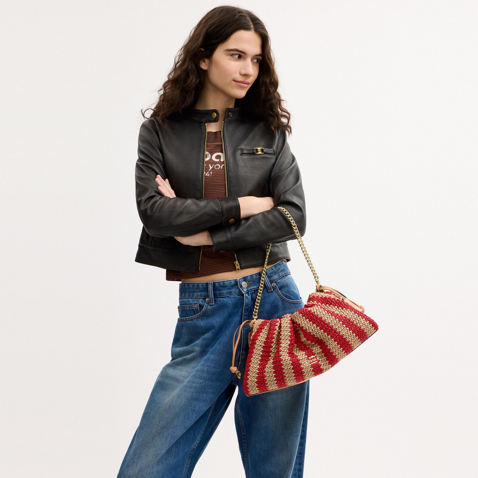 Faye Large Shoulder Bag With Stripes - Gold/Red/Tan - view 3