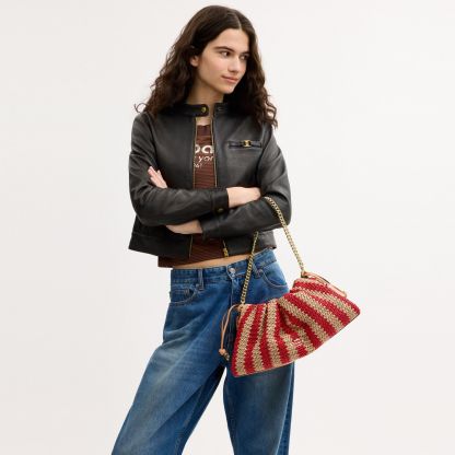 Faye Large Shoulder Bag With Stripes - Gold/Red/Tan - view 3