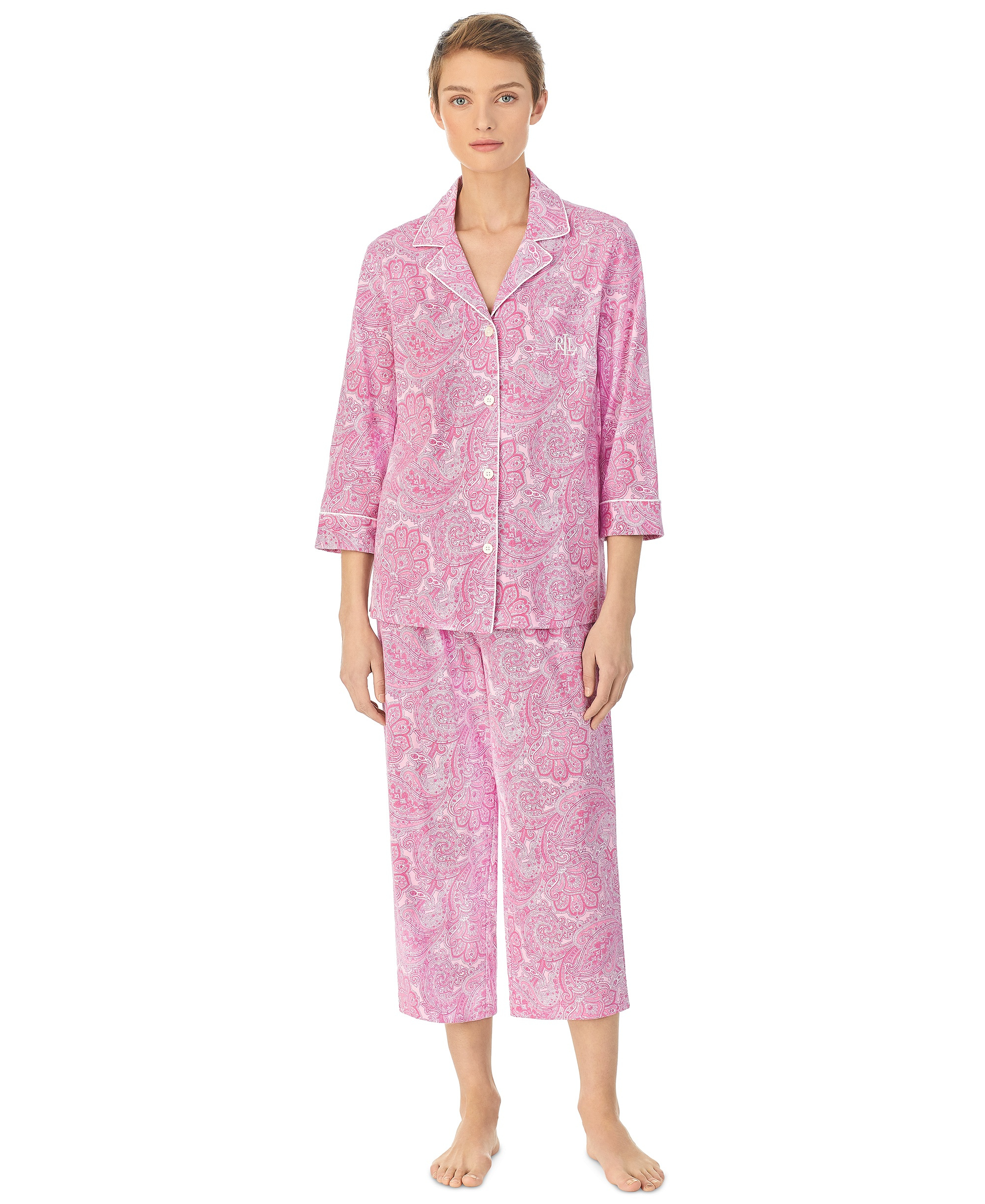 Lauren Ralph Lauren Womens 3/4 Sleeve Cotton Notch Collar Capri Pant Pajama Set - 3/4 Capri Pj