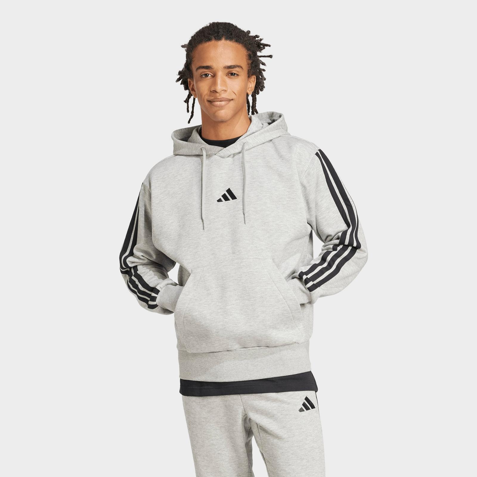 Men's adidas Essentials 3-Stripes Fleece Pullover Hoodie - Medium Grey Heather/Black - view 1