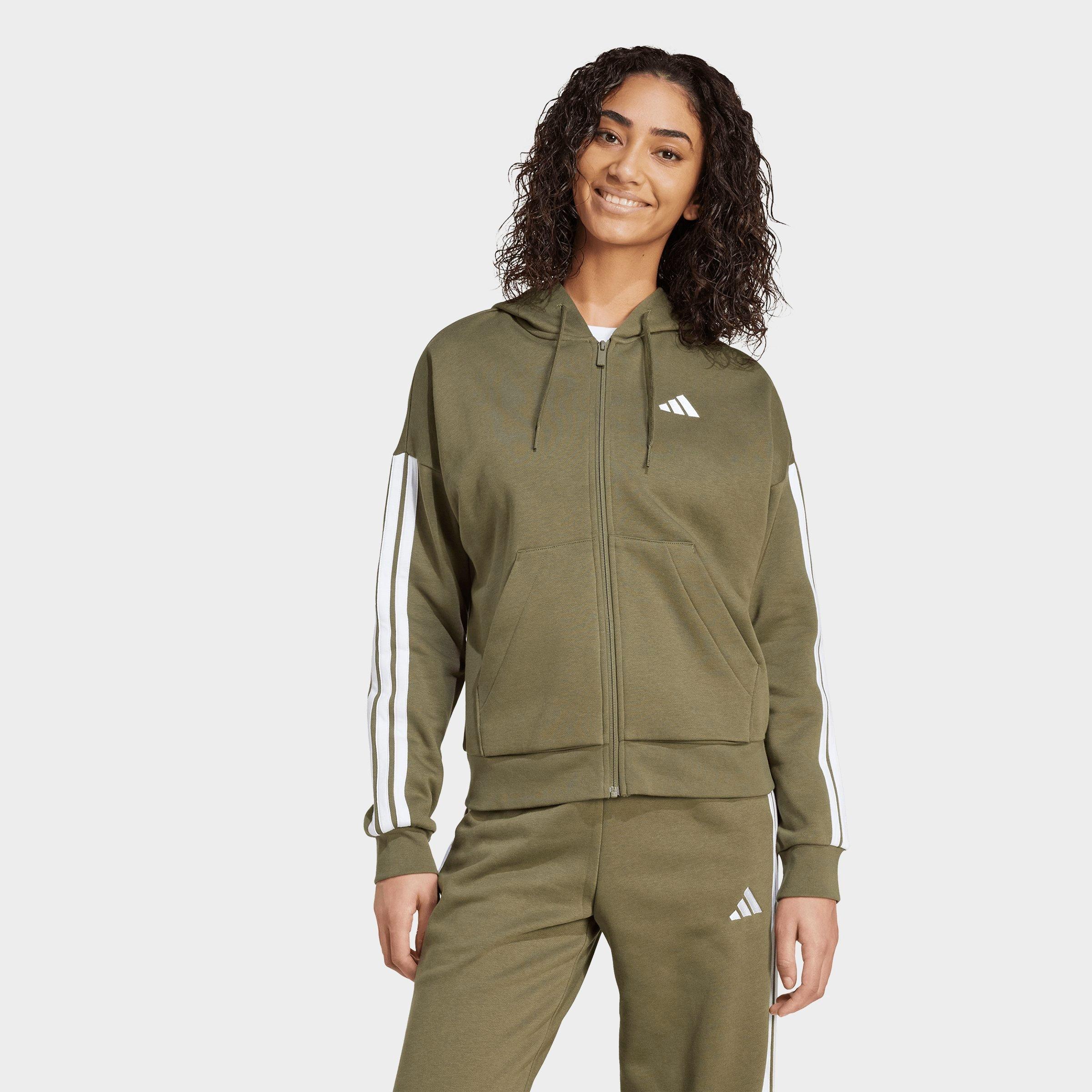 Women's adidas Essentials 3-Stripes Fleece Full-Zip Hoodie - Olive Strata/White