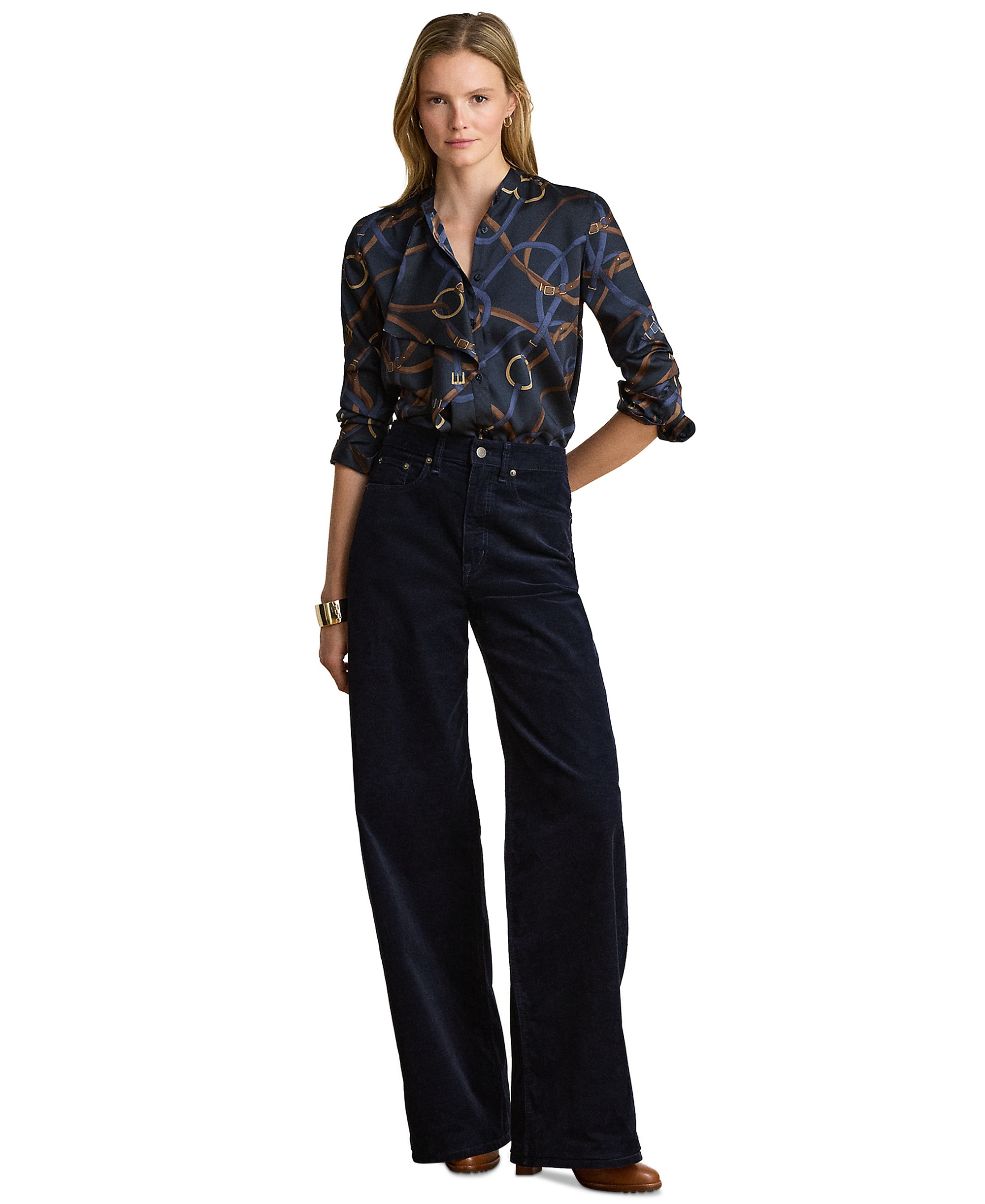 Lauren Ralph Lauren Women's Belting-Print Ruffle-Trim Twill Shirt - Navy Multi