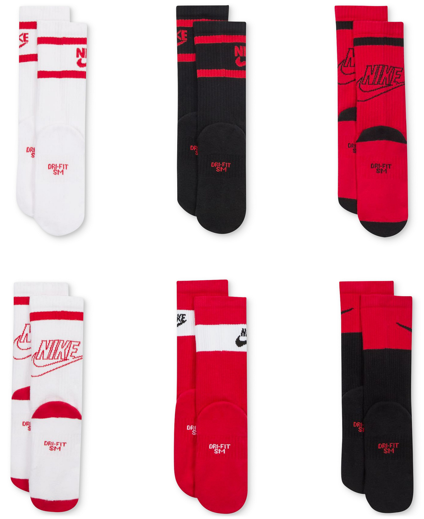 Nike Big Kids Everyday Cushioned Crew Socks, Pack of 6 - Multicolor Red