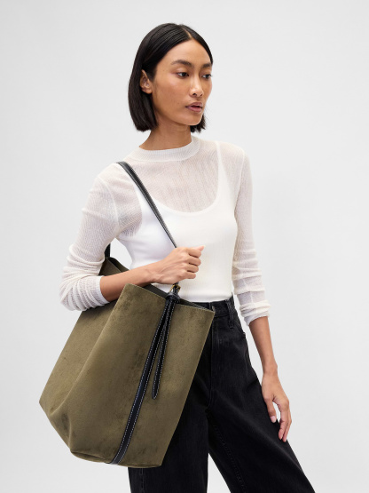 Vegan Suede Bucket Bag - Olive green