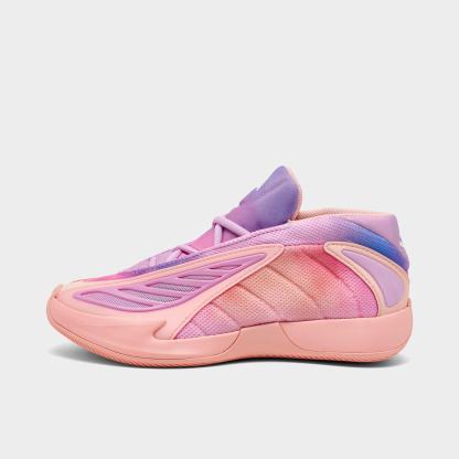 Little Kids' adidas Anthony Edwards 2 Basketball Shoes - Haze Coral/Bliss Lilac/Zero Metallic - Left shoe facing left. Outside of the shoe.