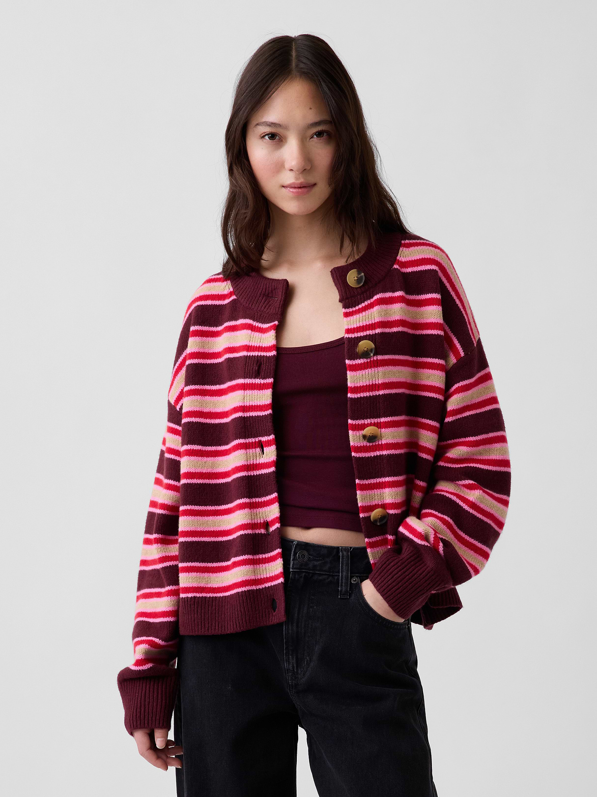CashSoft Oversized Chunky Cardigan - Purple burgundy & pink stripe