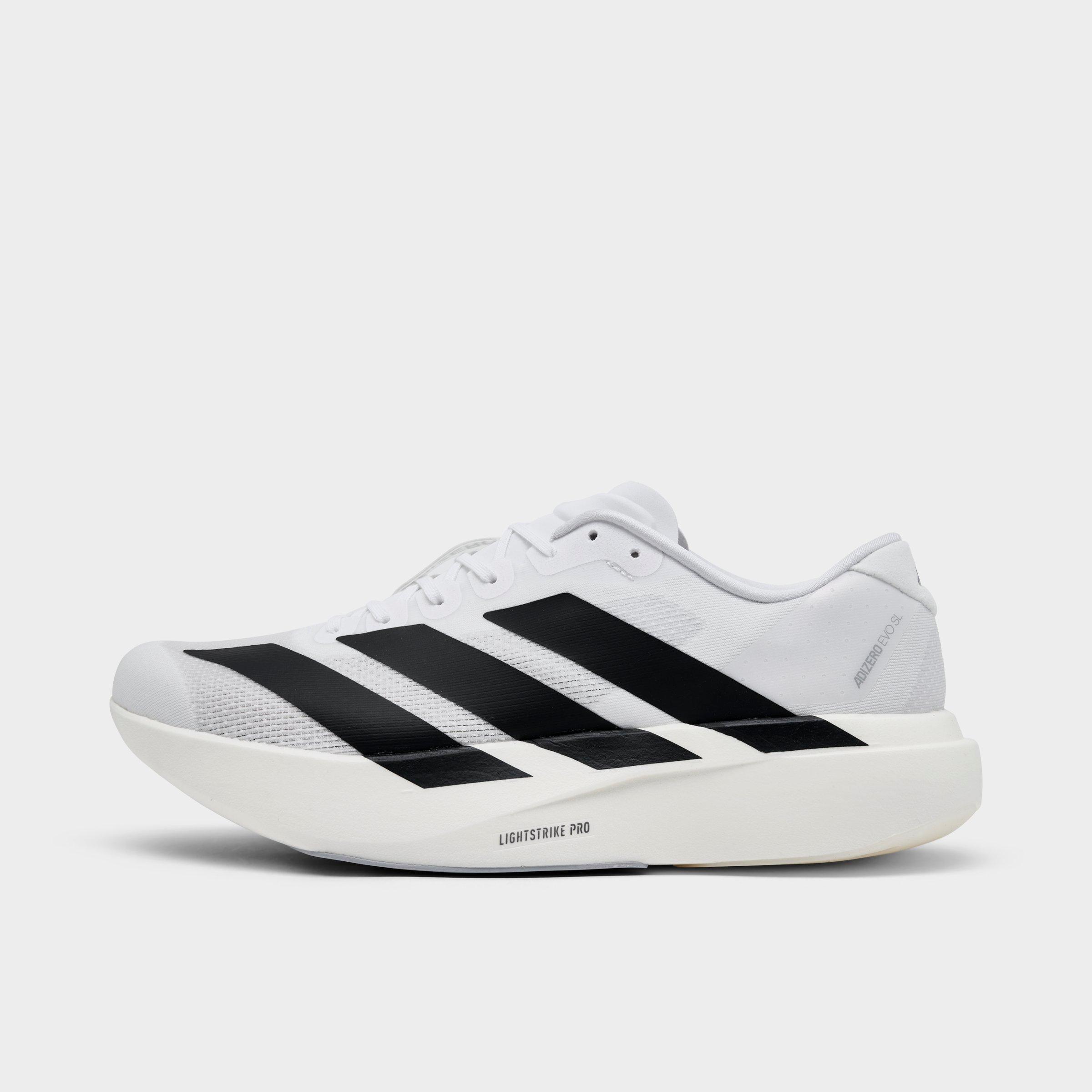 Men's adidas Adizero EVO SL Running Shoes - Part 2 - Cloud White/Core Black/Cloud White - Left shoe facing left. Outside of the shoe.