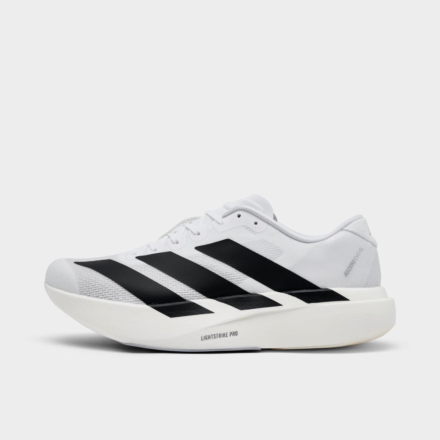 Men's adidas Adizero EVO SL Running Shoes - Part 2 - Cloud White/Core Black/Cloud White - Left shoe facing left. Outside of the shoe.
