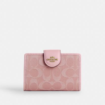 Medium Corner Zip Wallet In Signature Denim - Gold/Light Pink