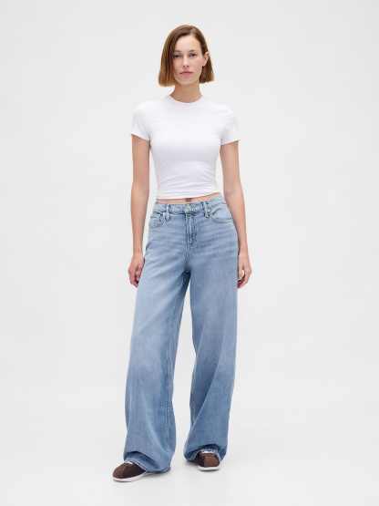 Mid Rise Denim Stripe Baggy Jeans - Light indigo wash