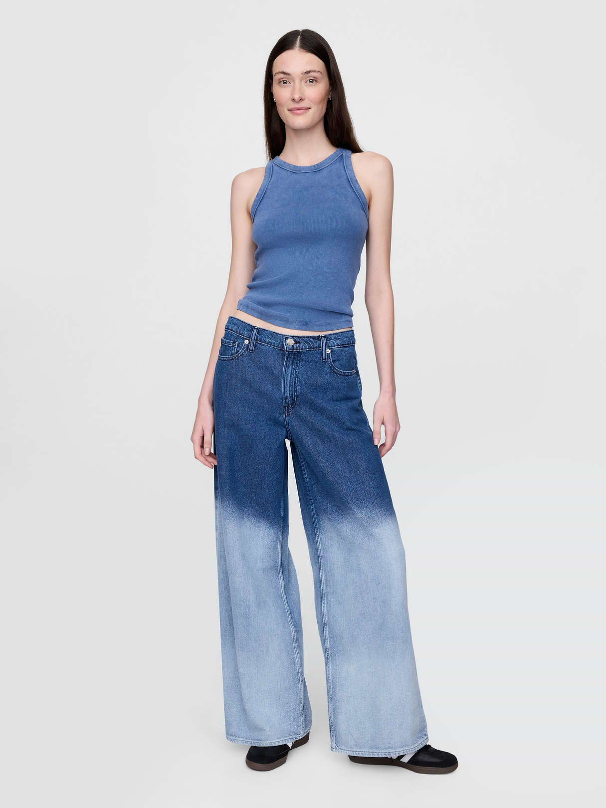 Mid Rise Denim Stripe Baggy Jeans - Ombré indigo