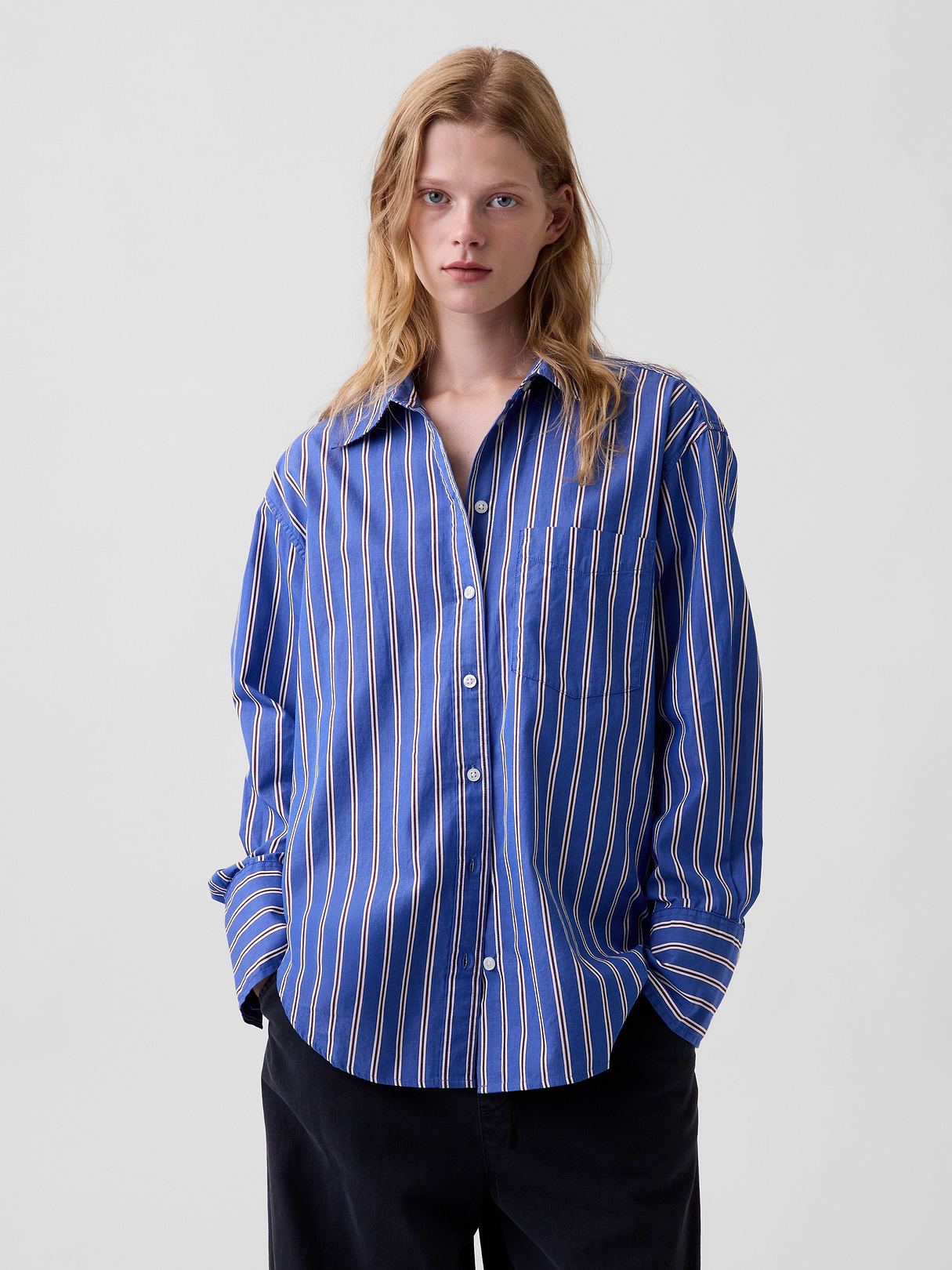 Organic Cotton Poplin Stripe Big Shirt - Blue & red stripe