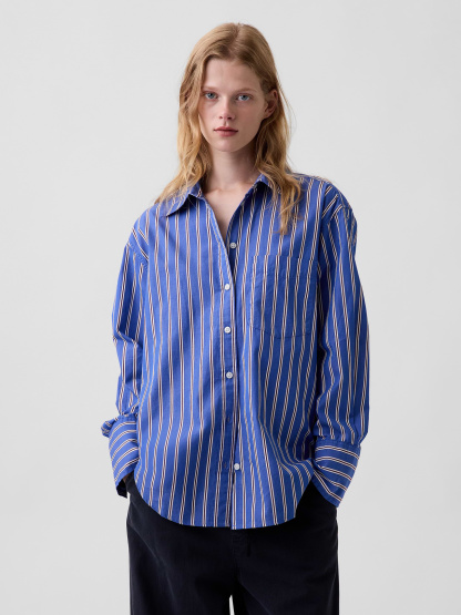 Organic Cotton Poplin Stripe Big Shirt - Blue & red stripe