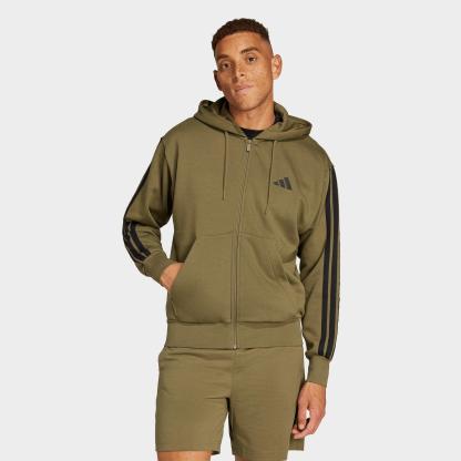 Men's adidas Essentials 3-Stripes Fleece Full-Zip Hoodie - Olive Strata/Black