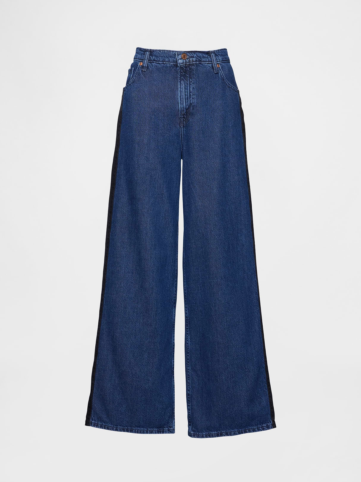 Mid Rise Denim Stripe Baggy Jeans - Side stripe medium wash