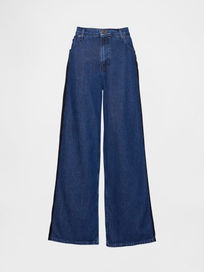 Mid Rise Denim Stripe Baggy Jeans - Side stripe medium wash