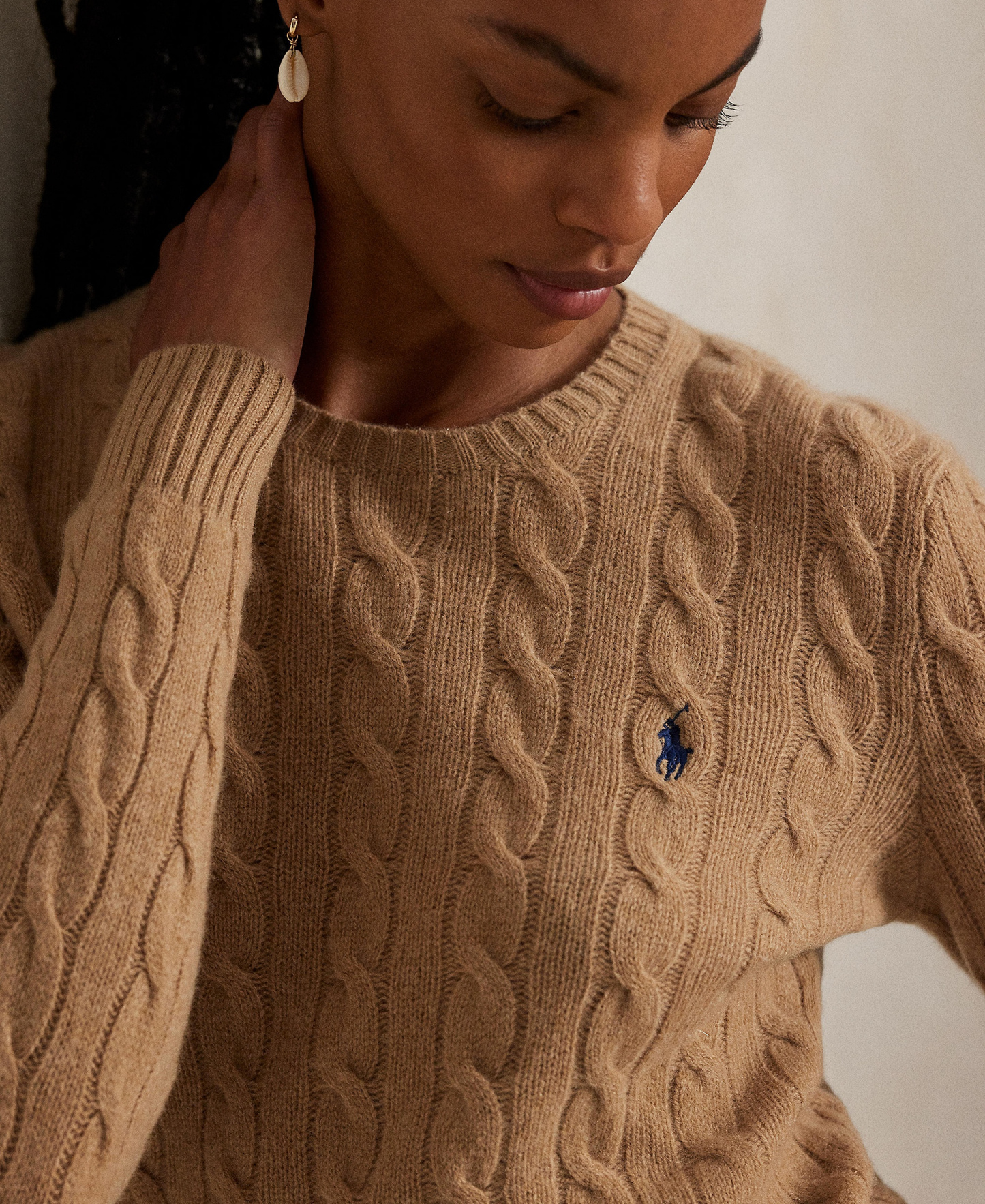 Polo Ralph Lauren Women's Cable Wool-Cashmere Crew Neck Sweater - Collection Camel Melange