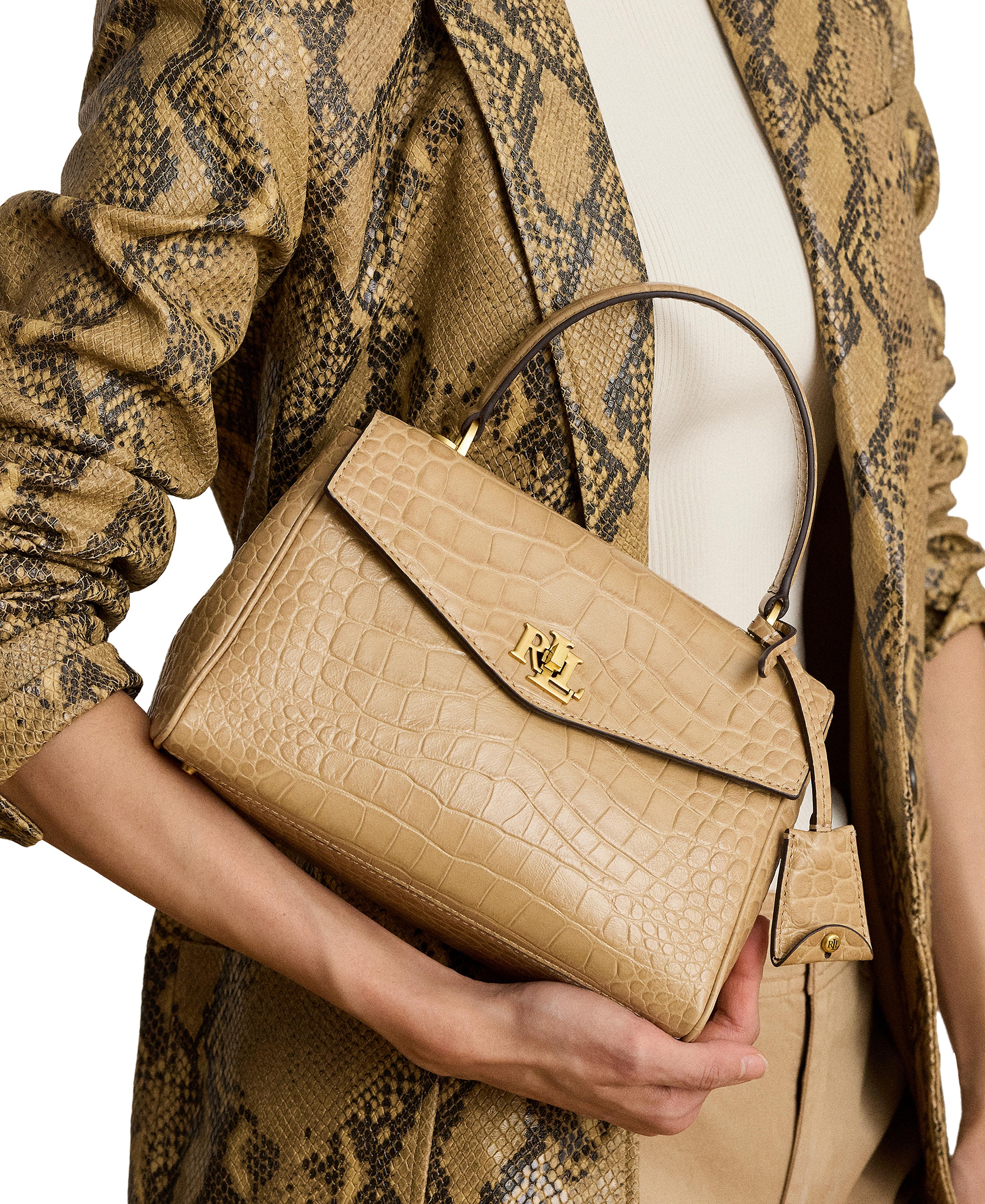 Lauren Ralph Lauren Farrah Embossed Small Soft Satchel Handbag - Tan