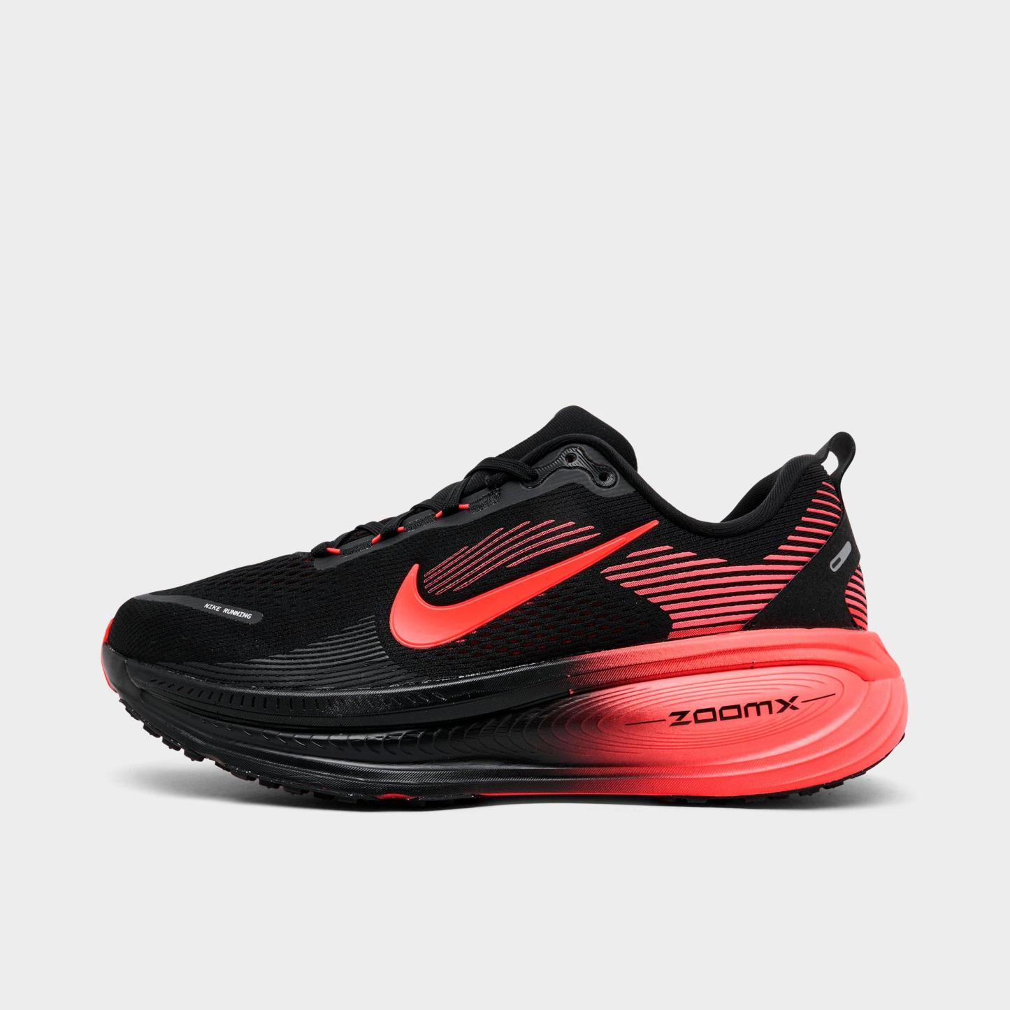 Men's Nithtke Vomero 18 Running Shoes - Part 2 - Black/Bright Crimson/University Red - Left shoe facing left. Outside of the shoe.
