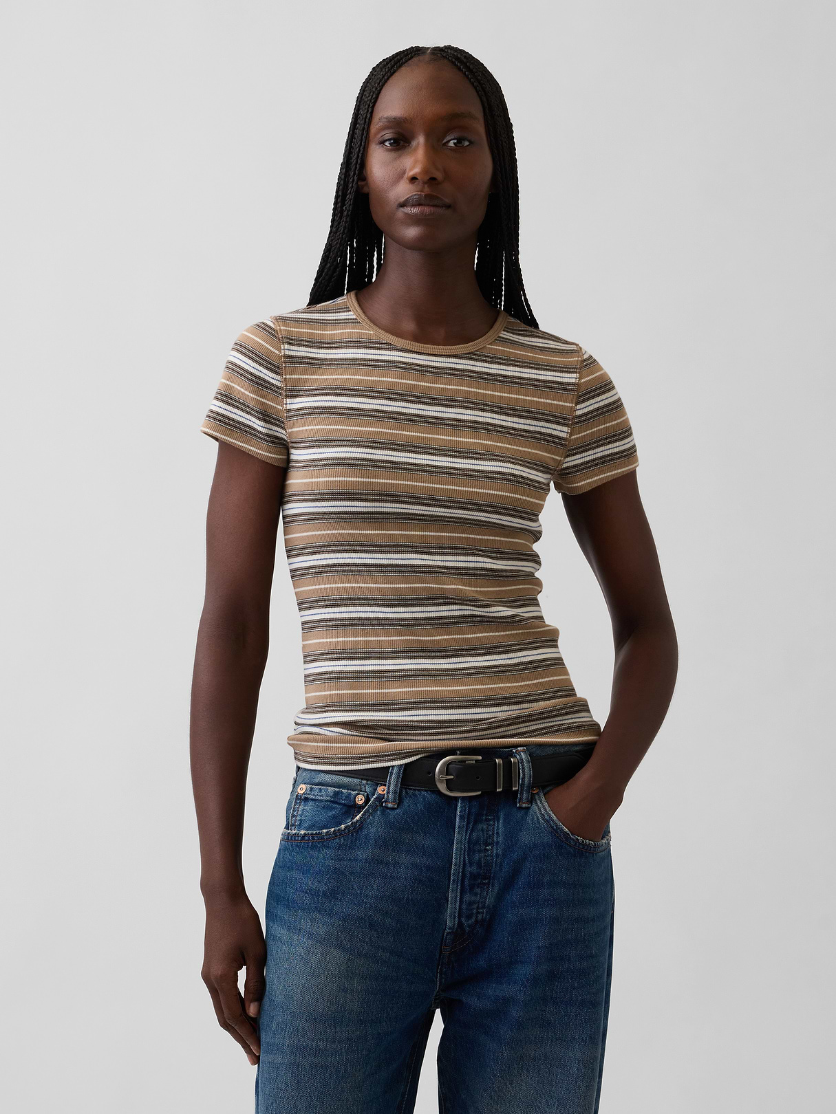 Modern Rib T-Shirt - Khaki tan stripe