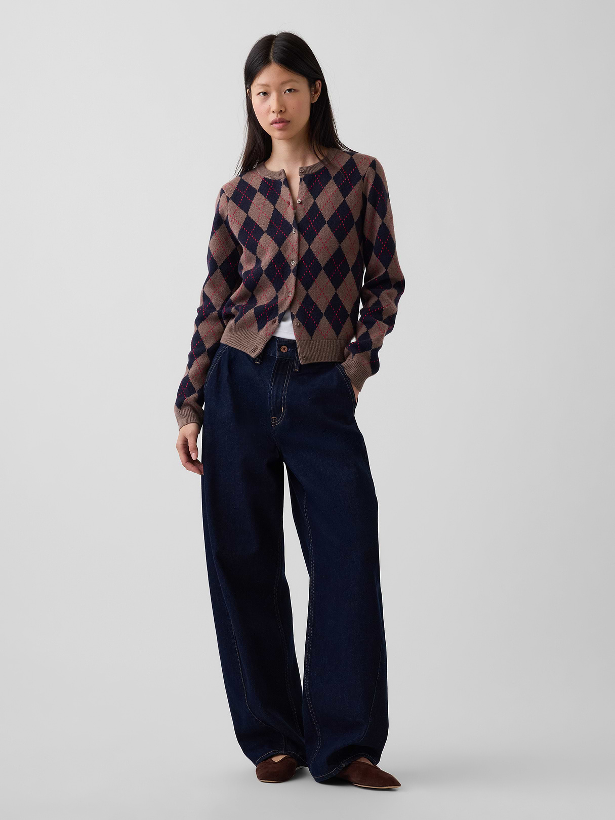 CashSoft Crop Cardigan - Brown and navy blue argyle