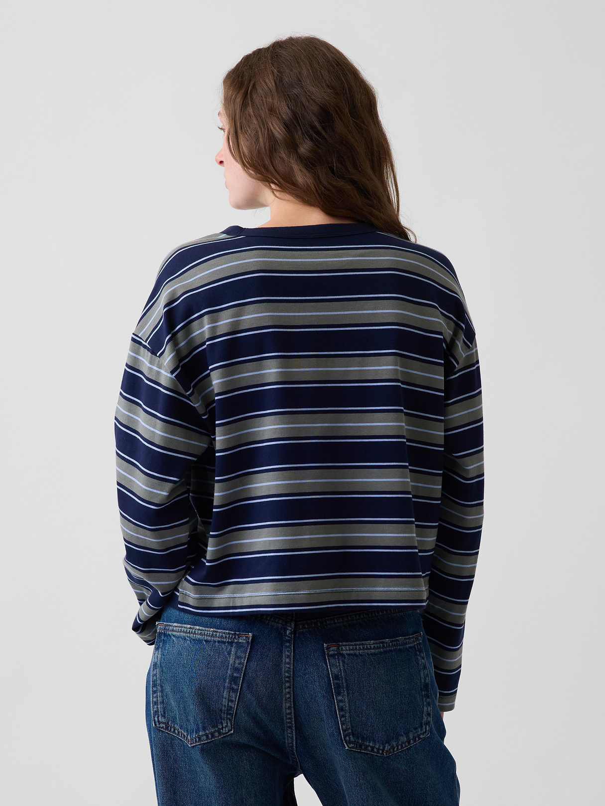 Knit Oversized Crop T-Shirt - Castor grey & navy blue stripe