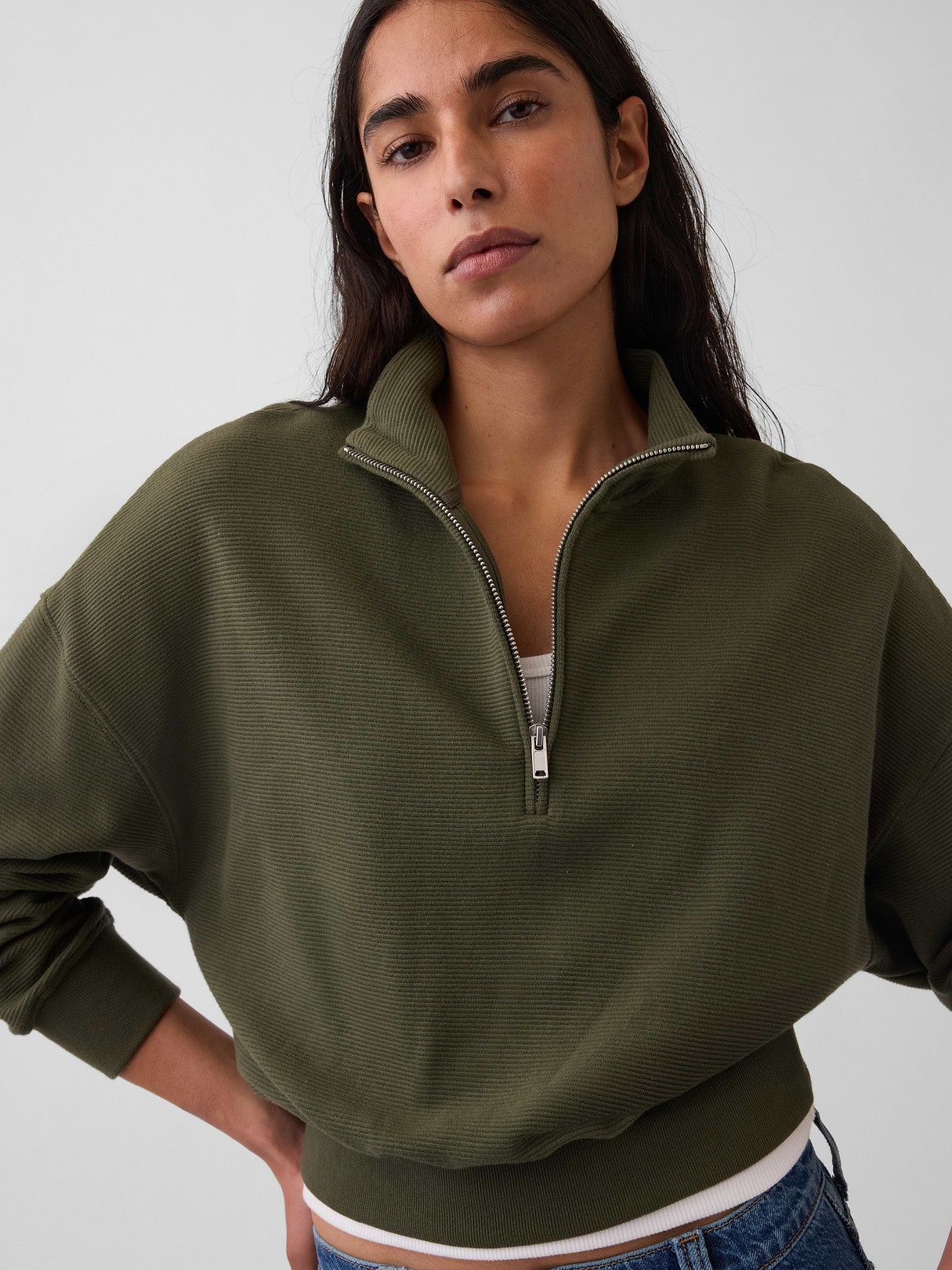 Textured Cotton Oversized Half-Zip Pullover - Olive green
