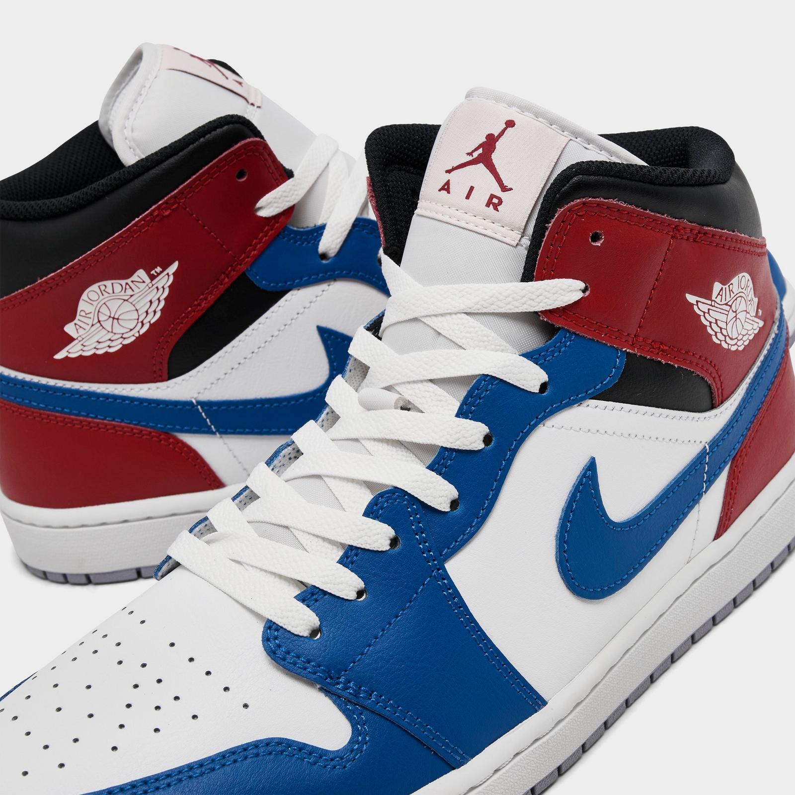 Men's Air Jordan Retro 1 Mid Casual Shoes - True Blue/Varsity Red/Black/Summit White - Left shoe facing left. Outside of the shoe. - view 3