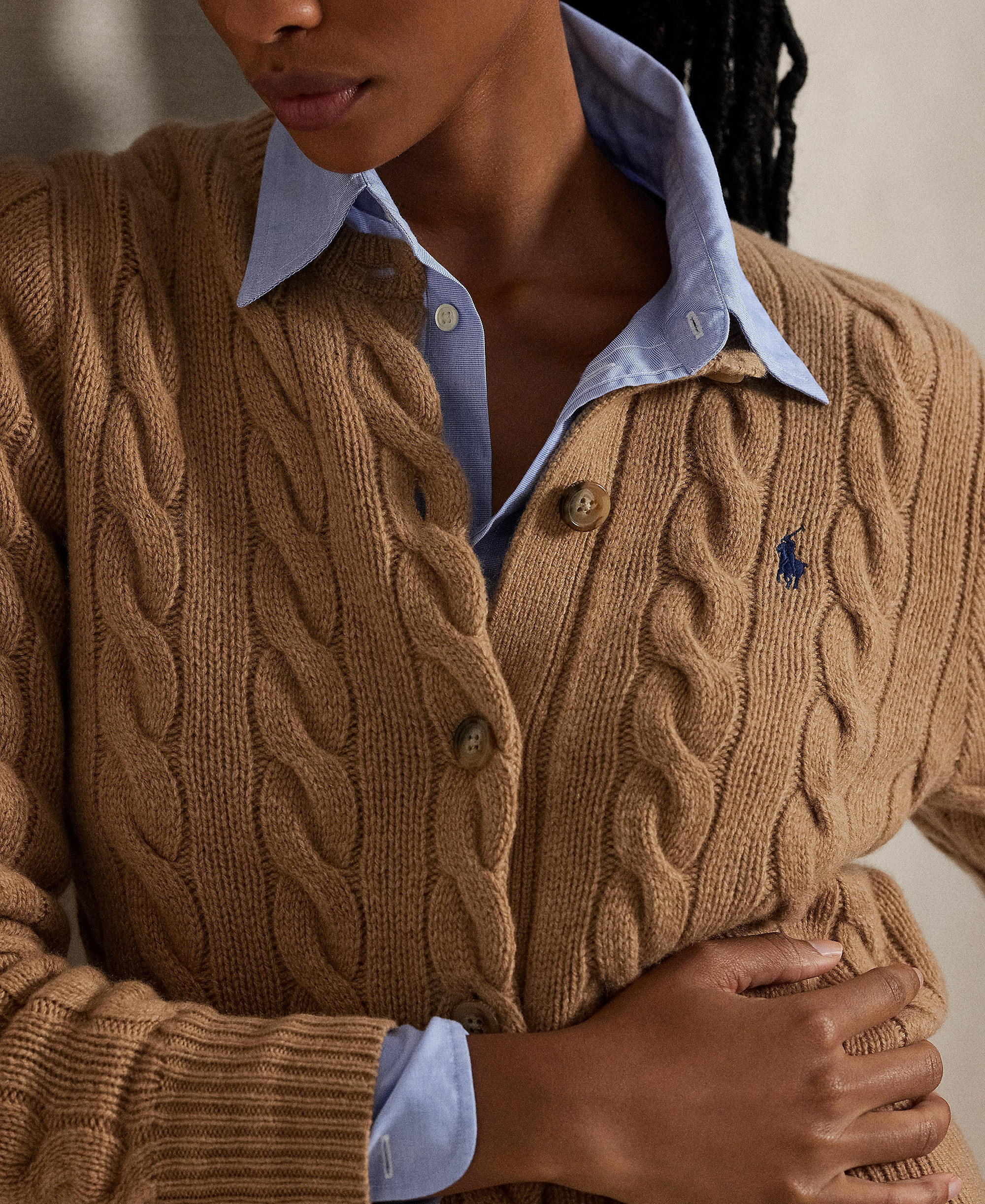 Polo Ralph Lauren Women's Cable-Knit Wool-Cashmere Cardigan Sweater - Collection Camel Melange